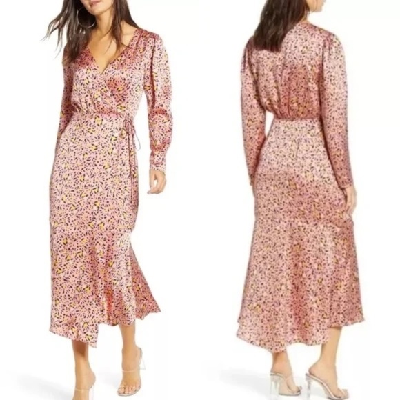 Leith Pastel Pink Leopard Print long sleeve Wrap Midi Dress 31731 - Picture 1 of 15